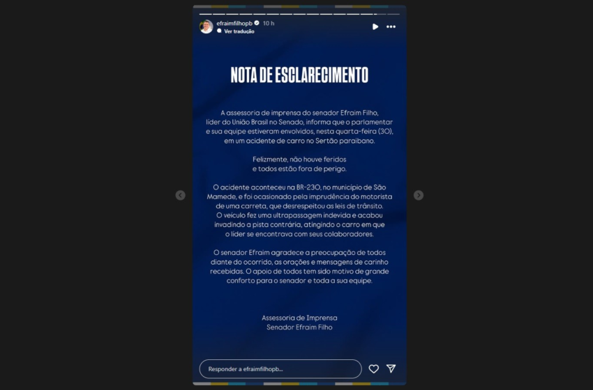 Senador Efraim Filho sofre acidente de carro envolvendo carreta no Sertão da Paraíba