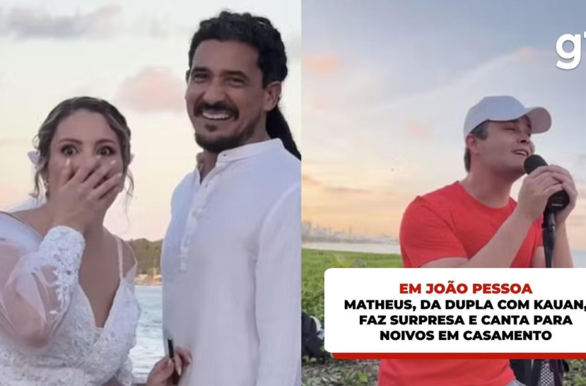 Matheus, da dupla com Kauan, faz surpresa e canta para noivos em casamento em João Pessoa