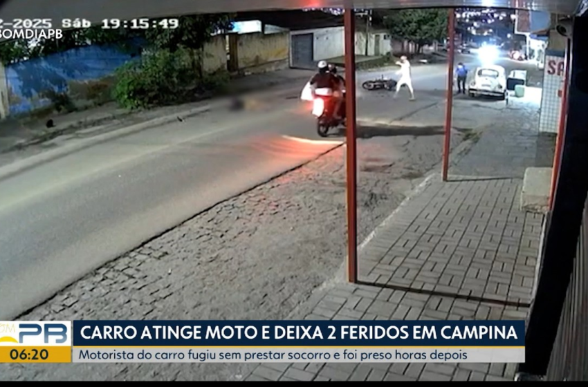  Carro atinge moto e deixa duas pessoas feridas em Campina Grande; vídeo